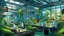 A digital painting by Kuniyoshi and Kandinsky of tech people working inside a futuristic workplace full of plants.