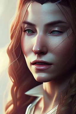 Tauriel, by Cedric Peyravernay, complete full body in frame, delicate traits, symmetric eyes, every part of the body represented in the frame, intricately detailed image, volumetric lighting