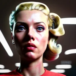 Ultra Realistic retro sci-fi burst Supermarket parking scene, 1960 year, blonde woman, sweet scarlet Johansson face, perfect iris, glow eyes, face makeup, tight latex coat; many panic people looking, Retro sci-fi style, soft color, highly detailed, unreal engine 5, ray tracing, RTX, lumen lighting, ultra detail, volumetric lighting, 3d, finely drawn, high definition, high resolution.