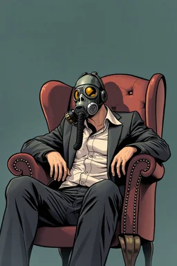 a man in a gas mask sitting in a wingback chair, graphic novel