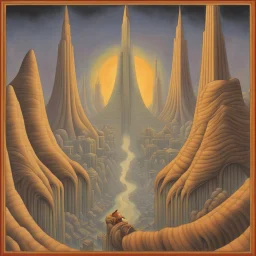 art by John T. Biggers, painting, landscape , Feigned The Palace of Asgard and Tokyo, at Dawn, Illustration, Hopeless, 70s Science Fiction, Provia, overly complex style