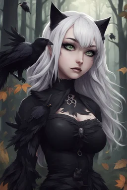 CAT GIRL, goth, forest, nature, cartoon, leaves, half black half white hair, boobs, ravens