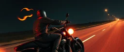 The kebab man driving fast on his motorcycle, fire from the exhaust, widescreen picture, empty road on the country at night, comic style