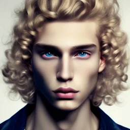  man with blond curly hair, full body, flesh tone, real photo, soft lighting