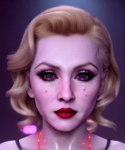 Young blonde Madonna, long line eye, pretty cyber woman, Leda cables, cold ambient, latex, cables, purpurin, black, gold, piercings, brown, decorative color feathers, circuits, neon style, a lot of led lights, fog, rain, vibrant color, highly detailed, art stations, concept art, smooth, unreal engine 5, god rays, ray tracing, RTX, lumen lighting, ultra detail, volumetric lighting, 3d, finely drawn, high definition, high resolution.