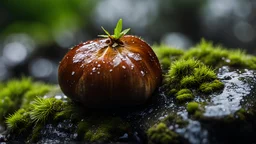 Close up of a chestnut on a wet rock,,moss,high details,dark place