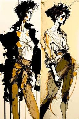 The perception of newness comes from a couple figures that undergoes a transformation after some specific action and adapts to a new space as if in the form of a garment, ink, EGON SCHIELE style, maximum detail, quality textures, bright lighting, high resolution