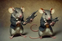 pulp-fiction costumed taxidermy mice with pistols in hands