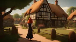 A photorealistic image of a red-haired, slender, witchy woman standing in a village common with neat-mown grass, surrounded by many thatched cottages and shops, under a large tree. Sunny day.