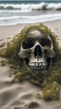 A skull covered with sea weed laying on the beach with a rough waves , insects coming out the skull’s eye