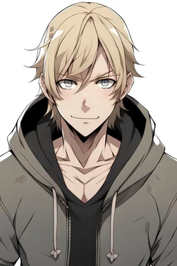Anime Man main character with normal skin , blonde hair, wearing old black hoodie, aged 16 , muscles, English