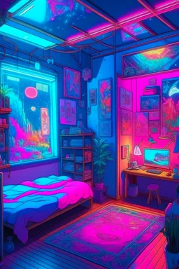 a drawing of the girl's room is adorned with neon and light up posters, in the style of anime aesthetic, webcam photography, studyblr, psychadelic surrealism, ultra detailed, trenchcore, use of screen tones