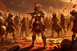 Digital art, high quality, masterpiece, natural illumination, realistic, (gladiator arena:1.5), point of view, (1 amazon woman:1.5), (1 warrior woman:1.1), (fantasy outfit:1.2), barbarian outfit, agressive, surrounded by small soldiers, tiny soldiers, dust emerging from the ground