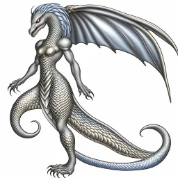 A dragonoid human with silver scales along with a long, flexible tail