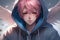 An anime man with messy short pink hair and narrow blue eyes wearing a hooded jacket. He has feathered wings. Realistic.