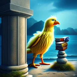 big bird, close up on holy diver, beach, stone pillars, book cover, fantasy