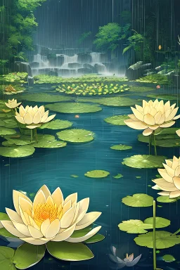 Rain, rocks, gardens, ponds, lotus leaves, lotus flowers