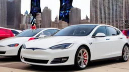 A Tesla's 'Model S Plaid' is racing at top speed, on the Navy Pier, in Chicago. CINEMATIC. WIDE ANGLE LENS. PHOTO REAL.