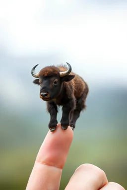 Photorealistic, a extremely small micro baby Buffalo perched on a human finger