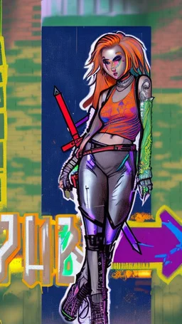 teen woman in retro-futurist cyberpunk costuming with pants and sheathed swords leaning to the side with shoulder against a brick pillar, add a background of brick with graffiti of a large arrow pointing to the right and text of the word "PUB" on lower left