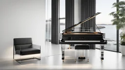 An innovative, award-winning, fully transparent piano design. The piano is tall, made of polished polycarbonate, showcasing all its intricate mechanical components visibly. The design highlights its modern elegance, with sleek lines and a minimalistic approach, emphasizing the beauty of its transparent structure and the complexity of its inner workings. The piano stands gracefully in a well-lit, contemporary setting, casting soft reflections on the floor, symbolizing the fusion of art and techno