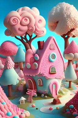 a sweet land with lollipop trees and cotton candy bushes and many houses made out of sweets some of the houses are made of gingerbread, others are made of big soft marshmallows