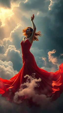A beautiful Spanish flamingo dancer with a beautiful red dress swirling clouds, emerges from the heart of a raging storm. Turbulent winds of steam swirl around the louds lit by shafts of sunlight that cast dramatic shadows on the A beautiful woman High quality 16k cinematic scene and great photography