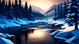 A picture of a winter landscape with trees and a river,dramatic scene,dark light,low poly