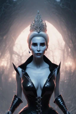 Constance Langdon as evil queen in black leather, busty, cleavage, angry, stern look. character design by cory loftis, fenghua zhong, ryohei hase, ismail inceoglu and ruan jia. unreal engine 5, artistic lighting, highly detailed, photorealistic, fantasy