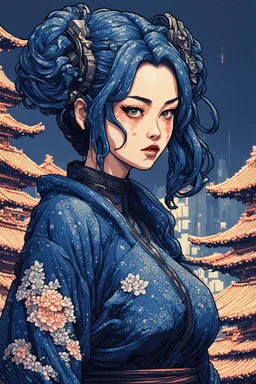 8bits, Pixel Art, beautiful cyberpunk huge girl, hyperdetailed, illustration by Katsushika Hokusai, darkblue tones,