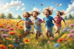 happy children run in the summer meadow, surrounding colors flowers, meadow, Happy and harmony vibe, blu sky and the little wind, high detailed, high realistic, sharp focuses, photorealistic, cinematic