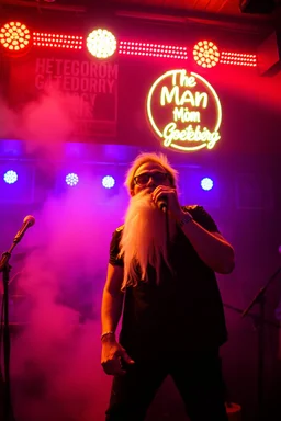 An "Göteborgs kille" performing at dance club, his name is "Mannen från Göteborg" and looks crazy, Snus on stage, Neon lights and smog, "Mannen från Göteborg" SIGN ON WALL , håkan hellström lookalike