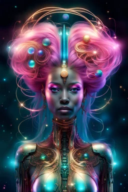 Goddess of music with holographic images, stars, planets, crescent moon, musical notes, musical notation, particles, all floating around her head and body): iridescent turquoise metal, pink and gold optic fibre hair, robot, electric, neon, nebula, light shards, iridescent galaxy metal, glowing tendrils and threads for hair, electric wires, hair swirling and billowing, lighting effects, neon blue synth wave patterns, pearlescent, digital background, shiny