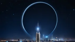 a huge modern city as build In the open robotic hand ,blue sifi ,stars in dark night sky in blury background