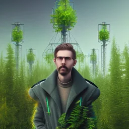 portrait of holy scientist in coat ,cell towers overgrown with plants, spray paint art, book illustration, 4k, high detail