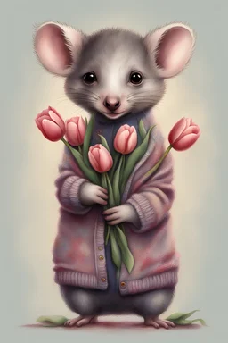 Baby possum with wearing cardigan holding a bouquet of tulips cute art