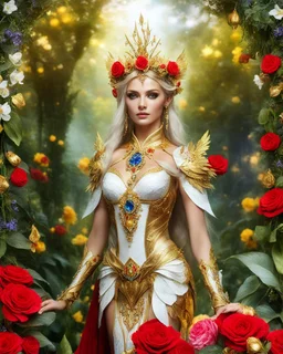 📷💃 length image full body gorgeous pretty super model girl as elven queen,floras crown,high details photo of luxury golden armor color designed made of flora flowers🌹 colors orchids and red,yellow,details color roses 🌹she using accessories luxurious diamonds jewelrys, flowers,surrounded 🌿🌿🌿leaves,so many surrounding flyings white🦋🦋🦋butterflies,pretty face actress beauty colors make up cosmetic,bigbusty,perfect body,jungles background