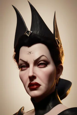 Lana Turner as evil queen in black leather, leather, busty, cleavage, angry, stern look. character design by cory loftis, fenghua zhong, ryohei hase, ismail inceoglu and ruan jia. unreal engine 5, artistic lighting, highly detailed, photorealistic, fantasy