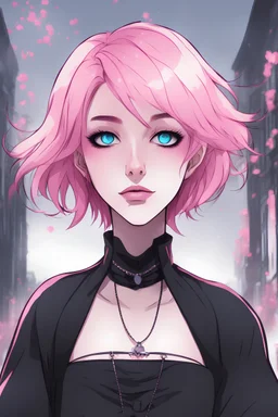 Thin, androgynous character with short pink hair. vivid sapphire blue eyes, goth makeup, dark gender neutral goth clothes, urban background, RWBY animation style
