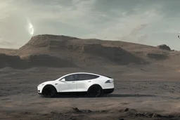 A Tesla 'Model Y' is drifting at high speeds, at the lunar landing site of the 'Apollo 11'. (CINEMATIC, WIDE ANGLE LENS, PHOTO REAL)