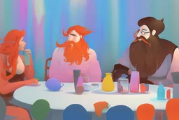 whimsical colorful cartoon ink and tint, 4 people sitting conversating at table, semi overhead view, relaxed, social, various drinks, glasses, bottles on table, 2 men with black beards, 1 woman with red hair in elegant dress, another man with blue hair listening. The background features abstract shapes and muted pastel colors, whimsical vibe, neanderthal influence