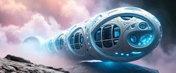 celtic knot hollow tube ornate indented space ship, shiny bright slug mega ship snail flourescent white blue like bubble gum with many windows and decks, interdimensional twister, rock against colored spaced fog, space interior