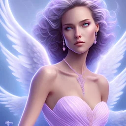 portrait of a beautiful woman with an angel face, pink and blue dress, jewels, soft light aura