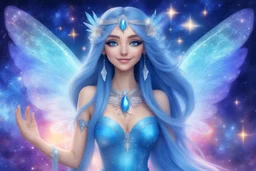A beauty Fairy women with long blue straight hair, with a beautiful face, and Blue big eyes. She has Crystal wings and sweety elegant smile.She Is a magic sacred dancer in cosmica ceremony..the background Is a magic coloured bright galaxy, with a stars. She Is so fine gentle and with grace
