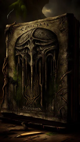 A book with cover written on it “ THE BOOK OF ENOCK” with old leather cover and cracks , Bosch painting style