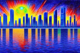 Science fiction Cyberpunk buildings, exoplanet, lake, impressionism painting