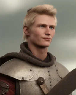 strong medieval warrior with short blond hair, blue eyes and wide warm smile with an axe with green and brown clothes