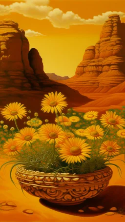 A golden yellow and orange desert with a daisy palace designed in Navajo baskets painted by Francis Danby