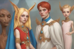 { mature woman, young man, little girl } with { red, blue, amber} skin looks like an alien, long neck, ear like bat wings, big eyes, beautiful, little hair, royal with jewlery, photorealistic, elongated head, skin decorations --v 6