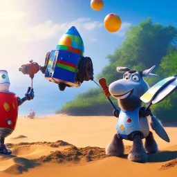 The robot and the moose on the beach happily making sandcastles in the sun, art by Pixar and Disney